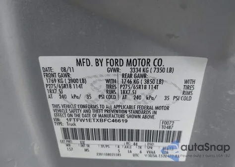 2011 Ford F-150 Xlt from USA, damaged, VIN 1FTFW1ETXBFC46619